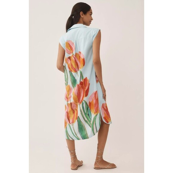 Anthropologie Maeve The Lillian Cap Sleeve Button Front Midi Dress Tulip Size XS - Picture 2 of 15